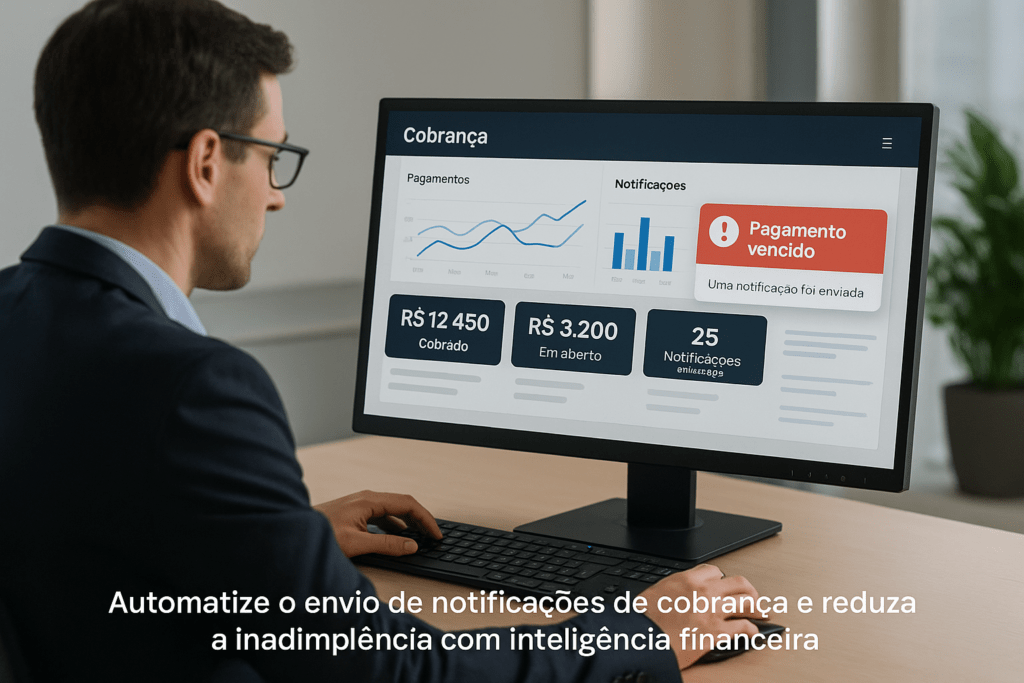 Dashboard de gestão financeira com alertas automáticos de cobrança.